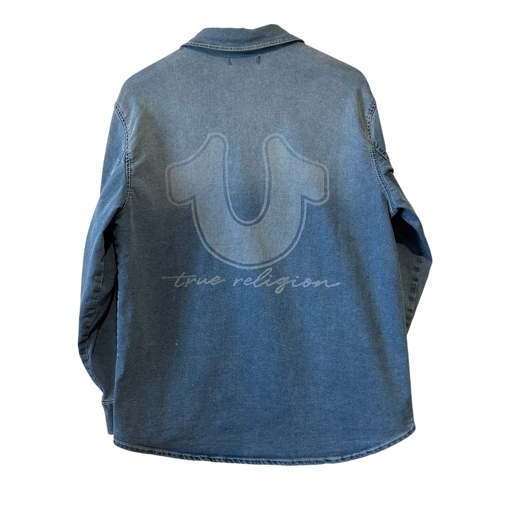 True Religion Womens Oversized‎ Denim Shirt Size M Stretch Blue Horseshoe Logo